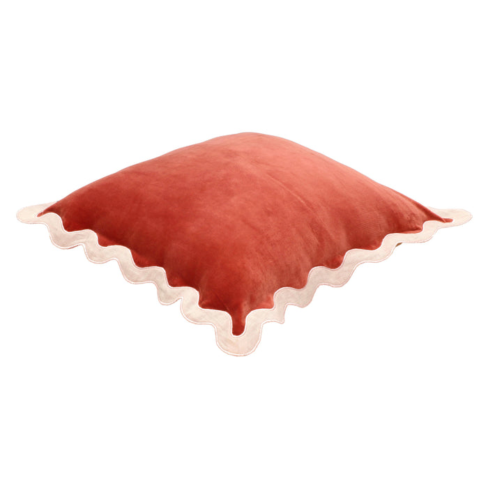 Scalloped Edge Cream and Rust Cotton Velvet Throw Pillow