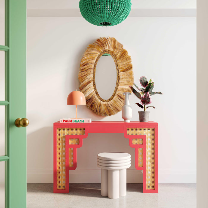 Suzie Coral Pink & Rattan Console Table